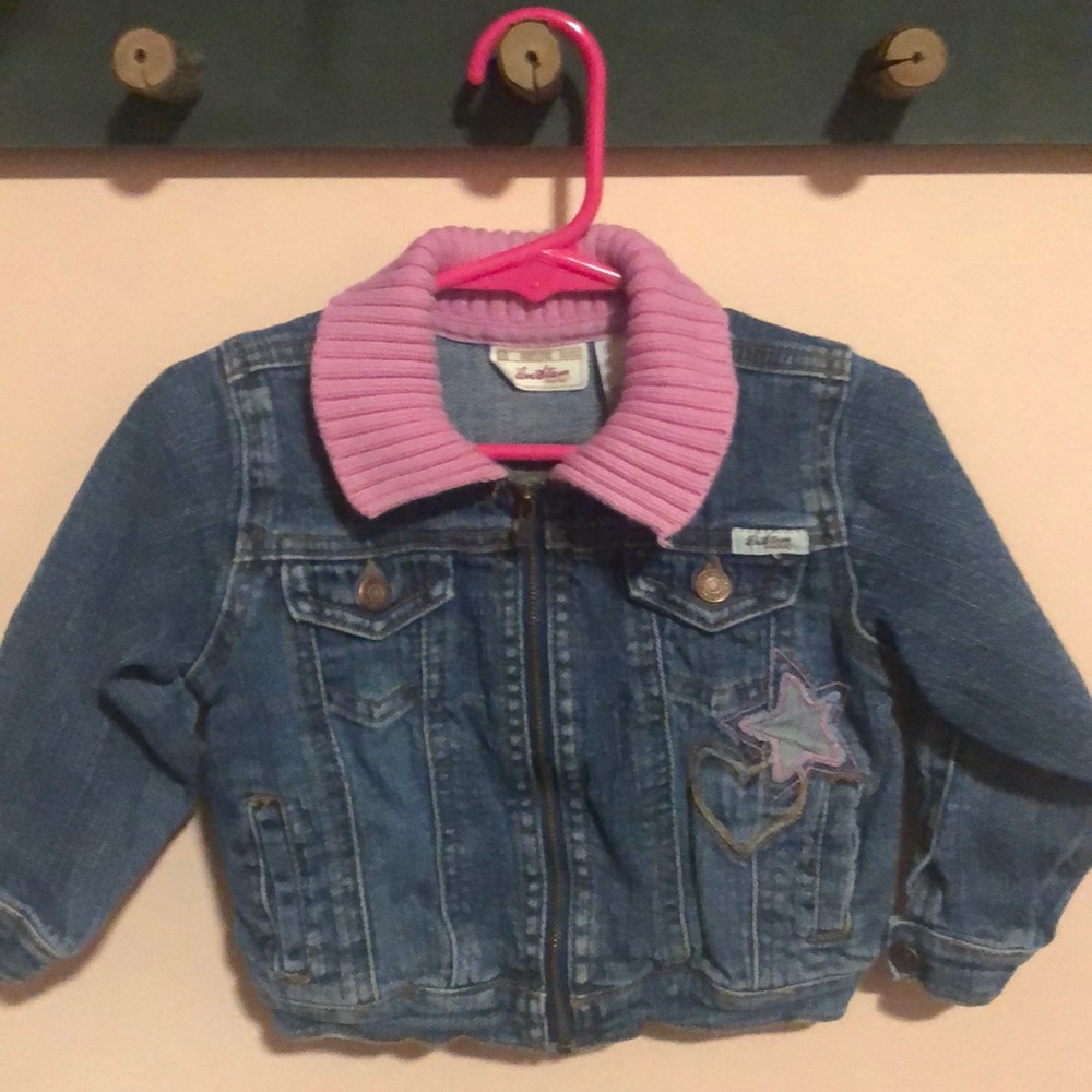 Girls Levi Strauss blue denim jacket, pink collar. 18 months